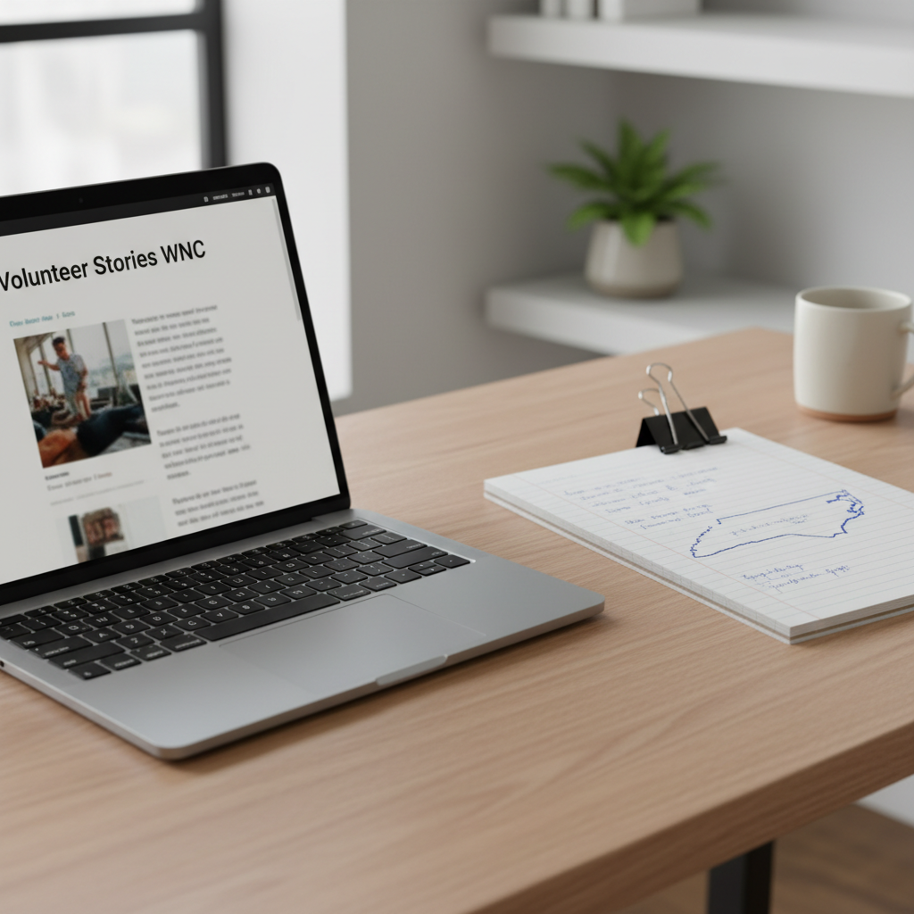 A clean, modern workspace featuring a slim silver laptop open on a light oak desk, its screen displaying a professional blog layout with a headline that reads “Volunteer Stories WNC” above a featured article card, blurred enough to avoid readable text but clearly suggesting narrative content. Beside the laptop lies an open, lined notebook filled with tidy handwritten notes and a small printed map outline of Western North Carolina tucked under a clip. Soft, indirect daylight from a nearby window creates a bright, neutral ambiance, reflecting gently off the laptop’s metallic surface. Photographic realism, shot from a slightly elevated angle with a shallow depth of field, keeps the laptop and notebook crisp as the background—minimal shelves, a small plant, and a ceramic mug—softly fades, conveying a polished, professional storytelling environment.