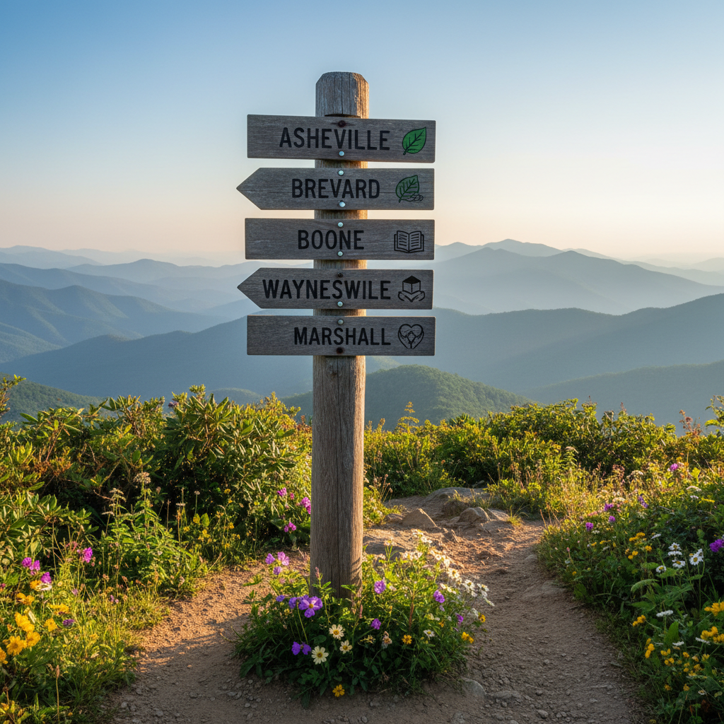 A sturdy, slightly scuffed hiking trail signpost at a Blue Ridge overlook, its wooden arrows meticulously engraved with the names of WNC towns and labeled with small icons representing different volunteer causes: a leaf for environmental work, an open book for education, a heart for community care. The sign stands at the edge of a narrow, well-trodden dirt path, surrounded by native wildflowers and low shrubs, with layered blue mountain ridges fading into morning mist in the distance. Gentle golden-hour sunlight illuminates the engraved symbols, creating crisp yet soft shadows that add depth. Photographic realism, wide-angle lens with sharp focus throughout, captures an uplifting, expansive mood that symbolizes diverse volunteer journeys originating from one shared region.
