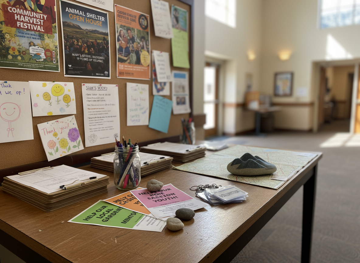 A well-worn volunteer sign-up table set up in a small community center lobby, covered with neatly stacked clipboards, pens in a mason jar, colorful flyers about local causes, and a folded map of Western North Carolina pinned under a paperweight shaped like the Blue Ridge Mountains. Behind the table, a large corkboard displays pinned event posters, thank-you cards, and printed emails telling brief volunteer stories. Soft afternoon light filters through high windows, creating gentle reflections on the laminated name tags and casting calm shadows. Photographic realism, eye-level composition with a shallow depth of field keeps the table in sharp focus while the background softly blurs, conveying a professional, welcoming atmosphere that invites viewers to imagine the meaningful stories behind each document.