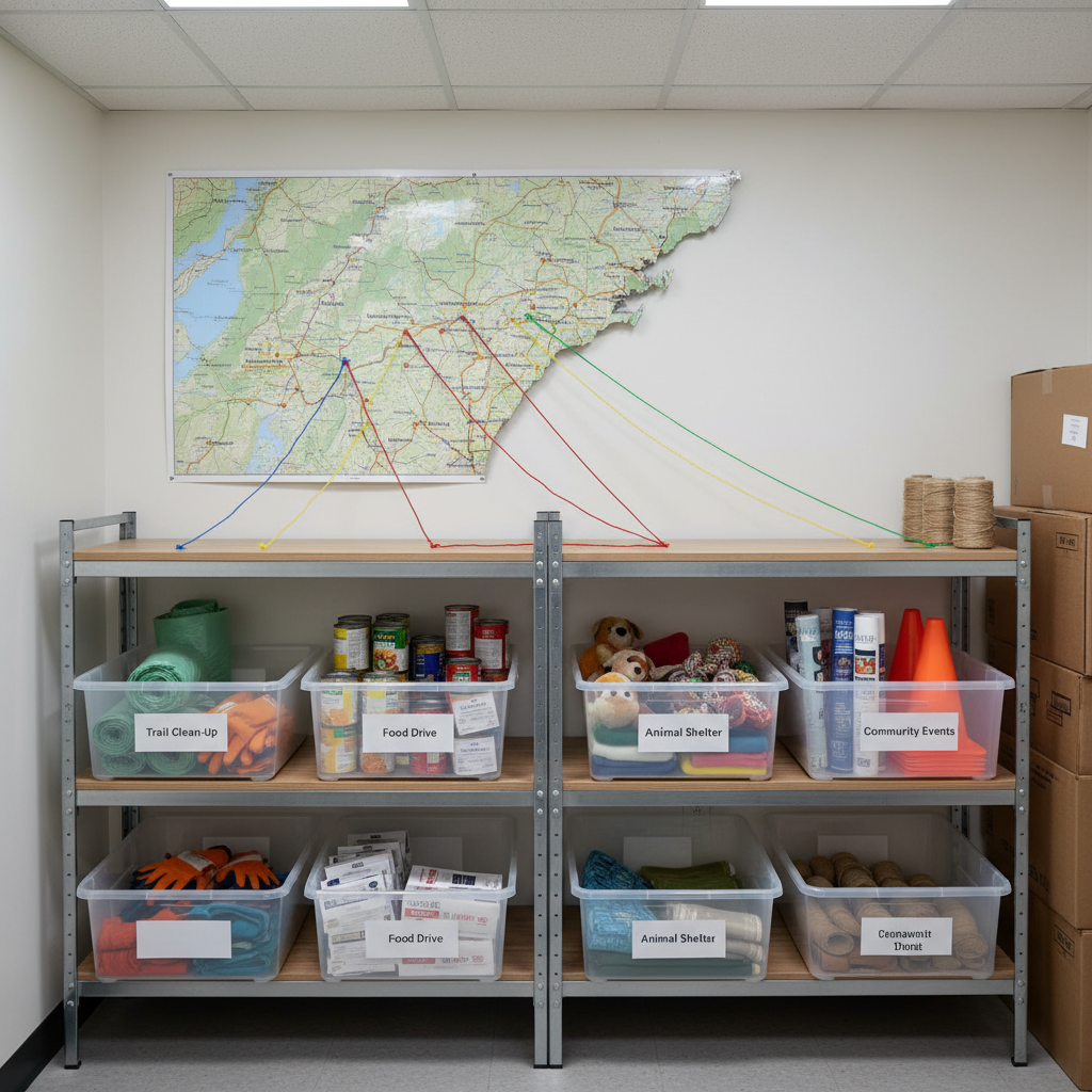 A meticulously organized volunteer supply shelf in a small regional storage room, with labeled bins for “Trail Clean-Up,” “Food Drive,” “Animal Shelter,” and “Community Events.” Each clear bin reveals specific tools and materials: biodegradable trash bags and work gloves, canned goods and sorting labels, pet toys and blankets, event signage and twine. On the wall above, a laminated map of Western North Carolina is mounted, crisscrossed with colored string linking different towns to each bin label. Cool, even overhead lighting creates clean, accurate colors and minimal shadows, emphasizing clarity and professionalism. Photographic realism, eye-level composition with sharp focus throughout, presents a sense of order and readiness, implying countless unseen volunteer stories behind each organized category.