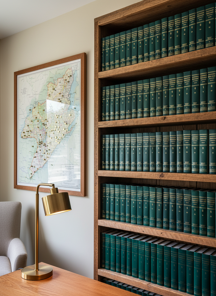 A rustic wooden bookshelf in a quiet reading room, each shelf filled with matching, professionally bound volumes labeled with gold-embossed titles like “Food Pantry Stories,” “Habitat Restoration,” and “Youth Mentoring” along pristine spines. A detailed paper map of Western North Carolina is framed beside the shelf, dotted with small metallic pins marking towns and communities. Warm, diffused lamplight from a modern brass desk lamp washes the scene in a soft glow, catching the textured grain of the wood and the subtle sheen on the book covers. Photographic realism with a slightly angled, mid-distance shot uses the rule of thirds to balance the map and shelf, creating a calm, organized atmosphere suggesting a curated archive of volunteer stories across the region.